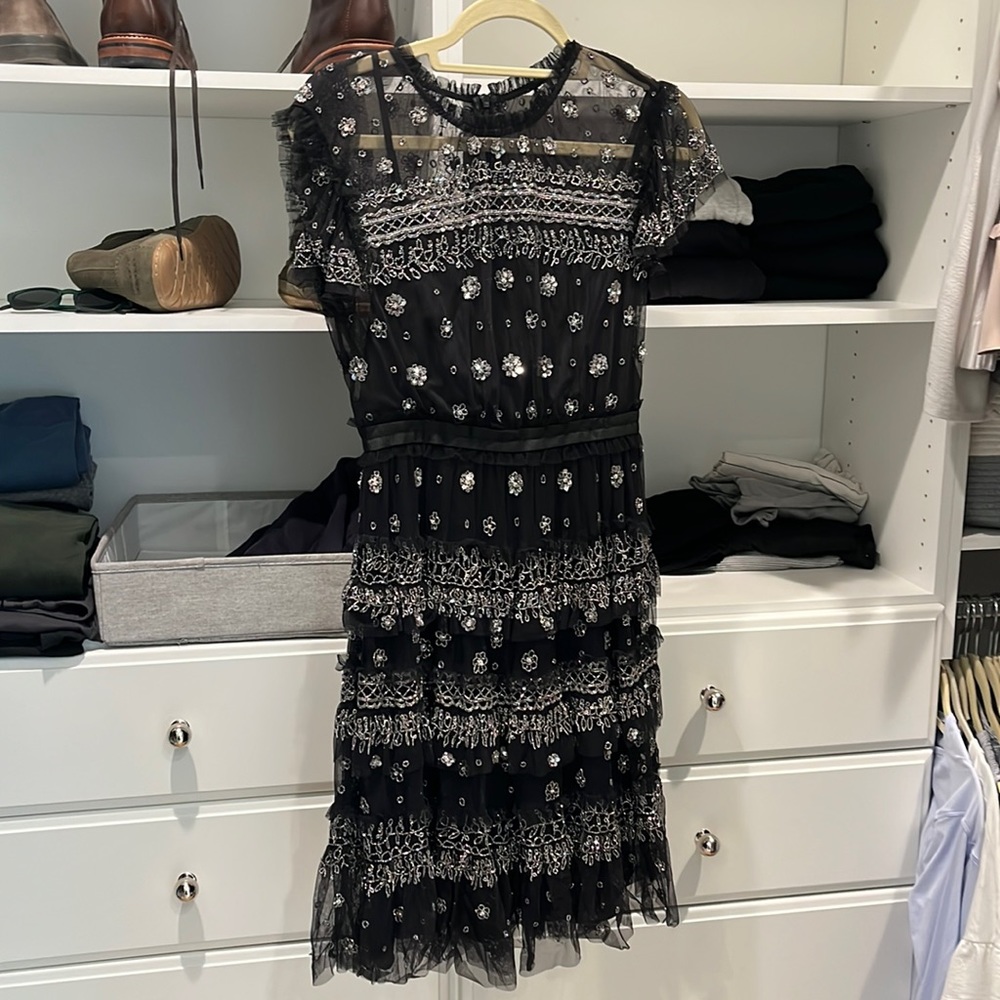 Needle and Thread Black Ruffle Beaded Dress
